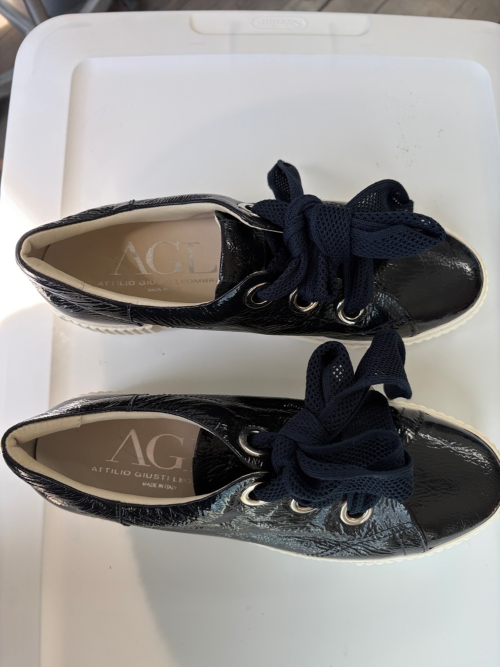 AGL Black Patent Leather Lace-Up Sneakers with Navy Mesh Laces